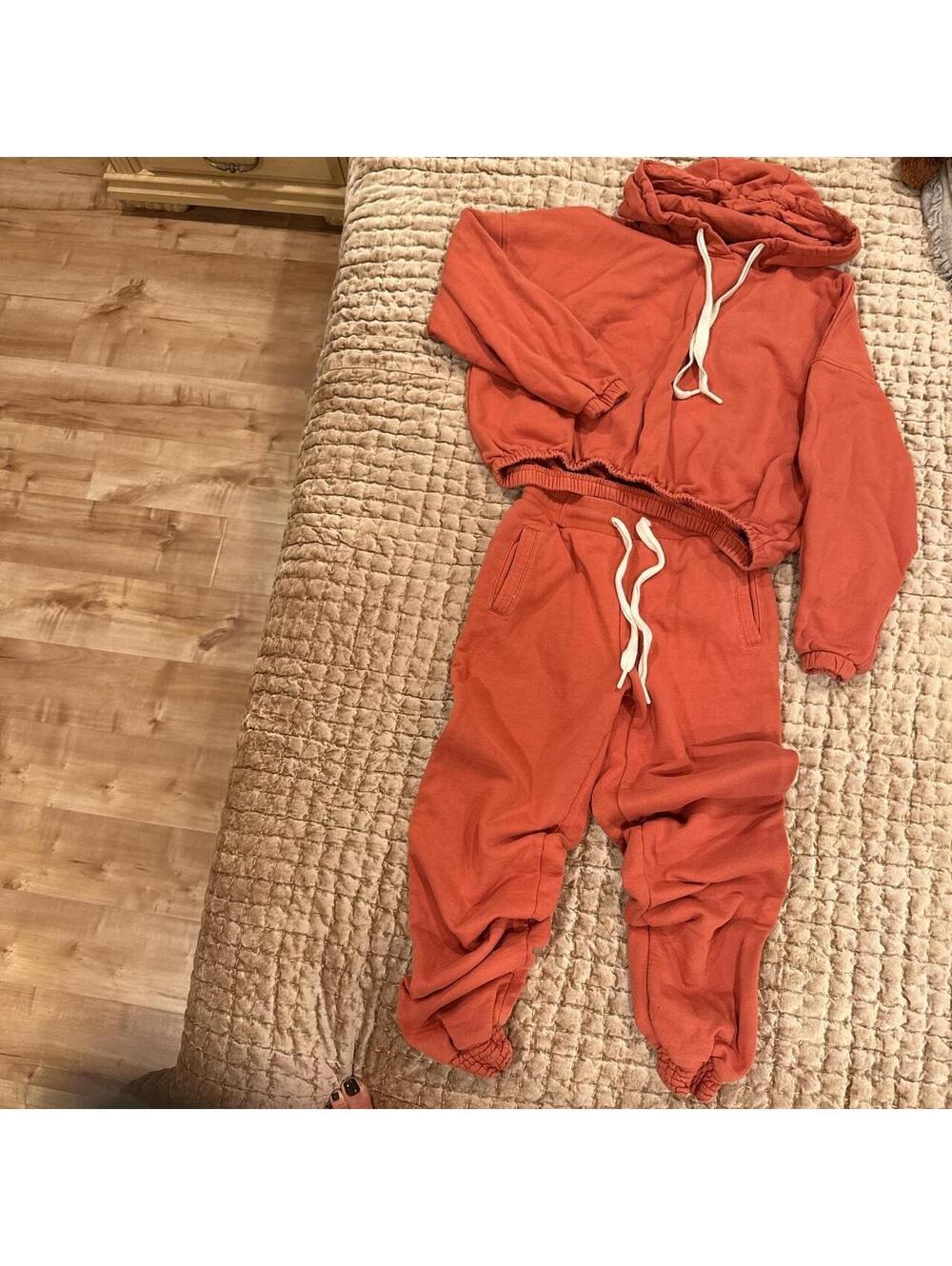 The Upside Womens Orange Tracksuit Set Cropped Hoodie Joggers 2 Piece Athleisure
